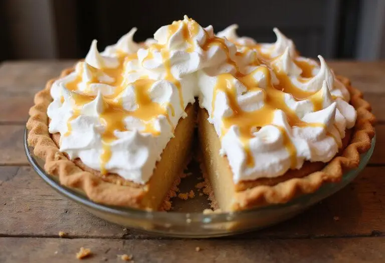 Deliciously finished Honeydukes Butterbeer Float Pie served beautifully with whipped cream and butterscotch topping, ready to enjoy.