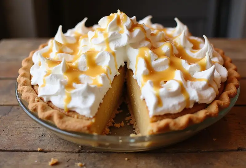 Deliciously finished Honeydukes Butterbeer Float Pie served beautifully with whipped cream and butterscotch topping, ready to enjoy.