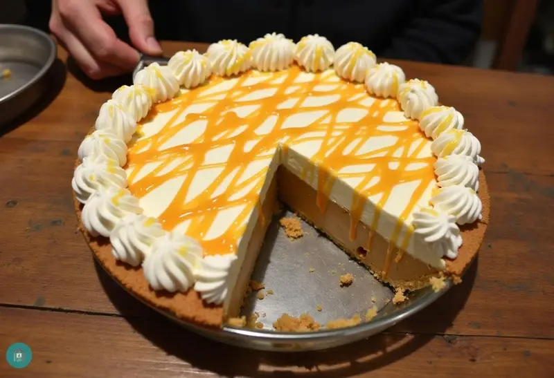 Deliciously finished Honeydukes Butterbeer Float Pie served beautifully with whipped cream and butterscotch topping, ready to enjoy.