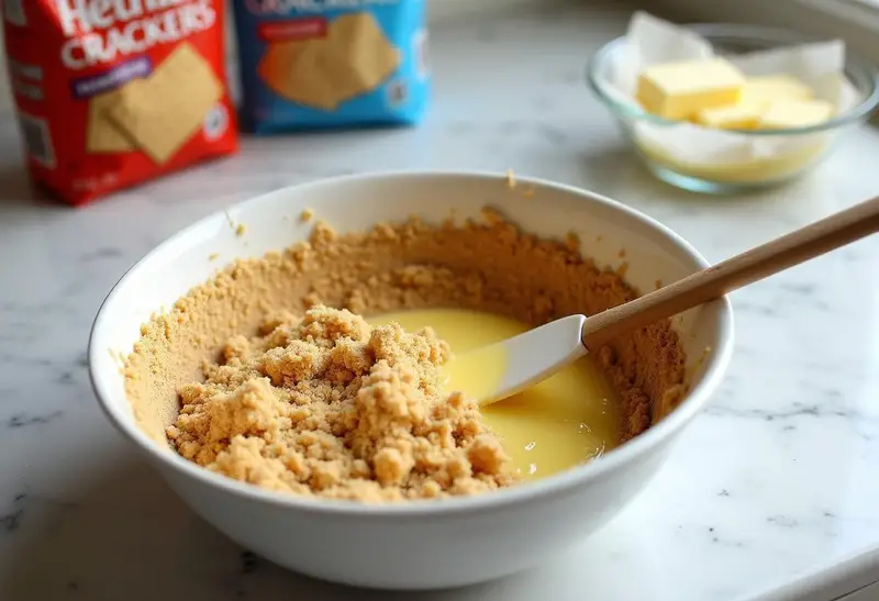 Honeydukes Butterbeer Float Pie crust ingredients preparation with crushed graham crackers and melted butter in a mixing bowl.