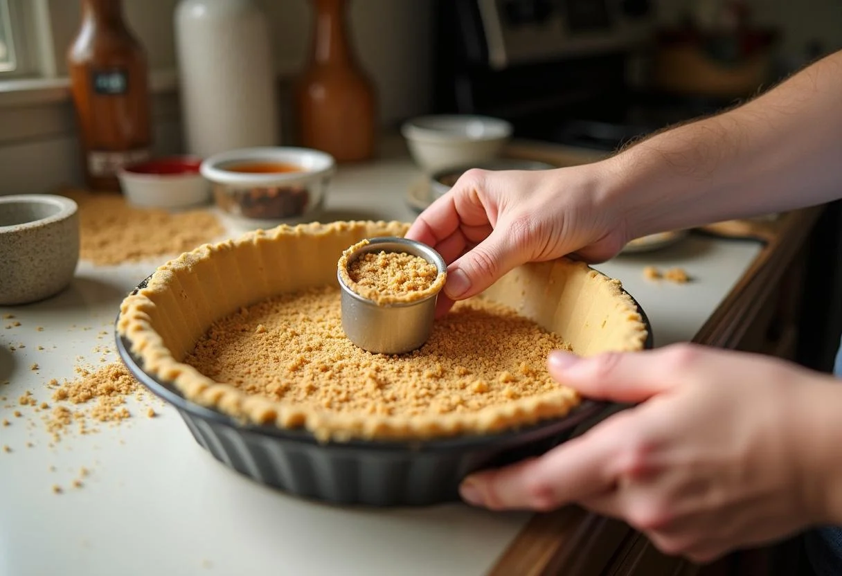 Creating the crust for Honeydukes Butterbeer Float Pie by pressing the graham cracker mixture into the pie dish.