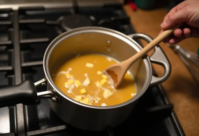 Making the luscious filling for the Honeydukes Butterbeer Float Pie with butterscotch sauce and cream on the stove.