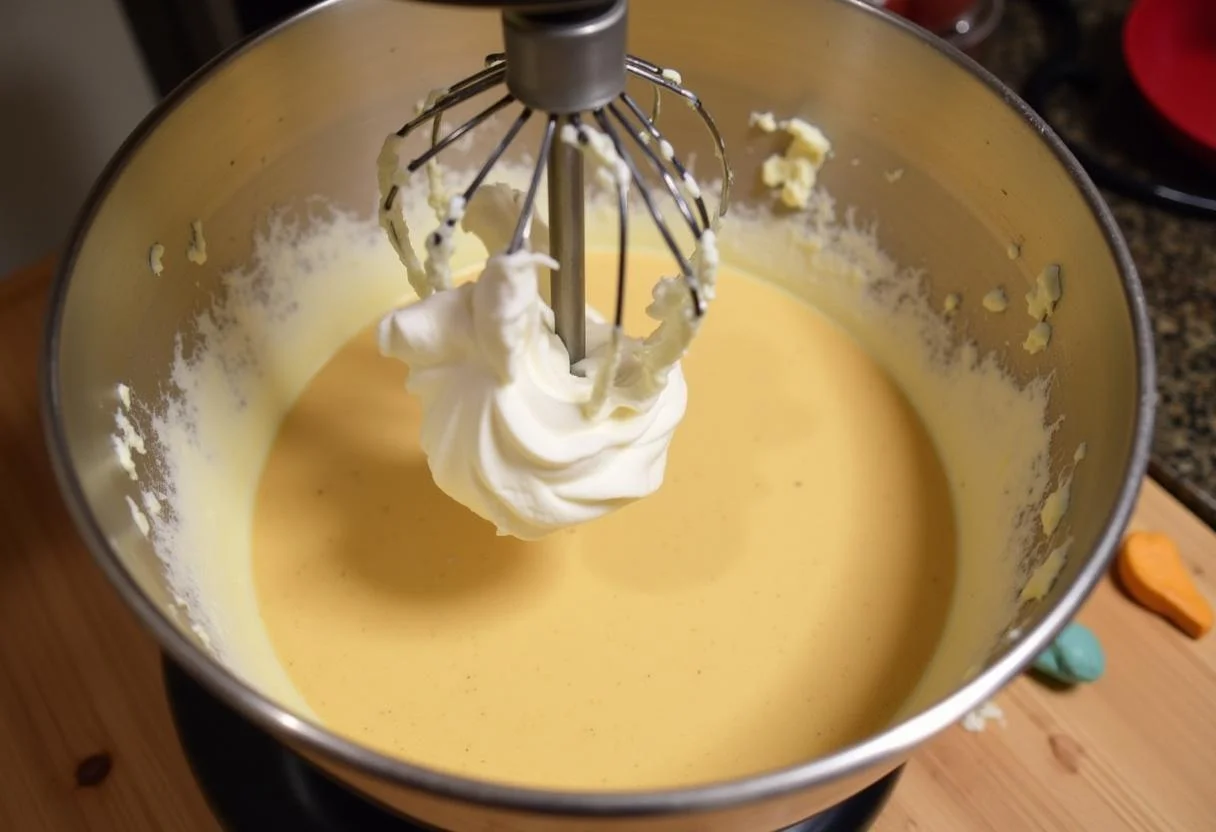 Combining the whipped cream with the butterscotch filling for the Honeydukes Butterbeer Float Pie to create a creamy texture.