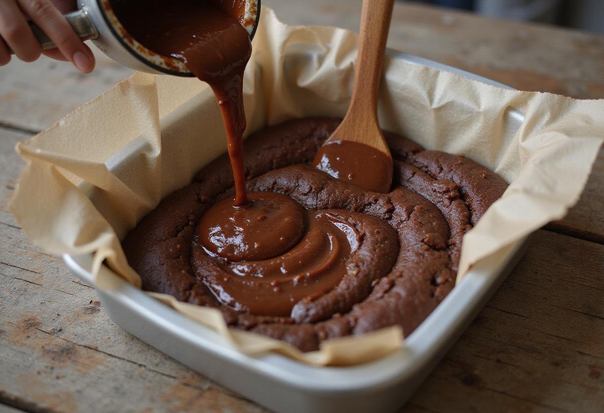 How to make brownies from cake mix; pouring brownie batter into a baking pan for baking.