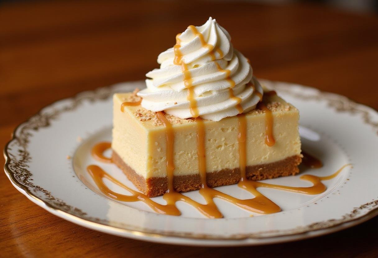 Stylish presentation of Hufflepuff Butterbeer Cheesecake Bars topped with whipped butterscotch on an elegant dessert plate.
