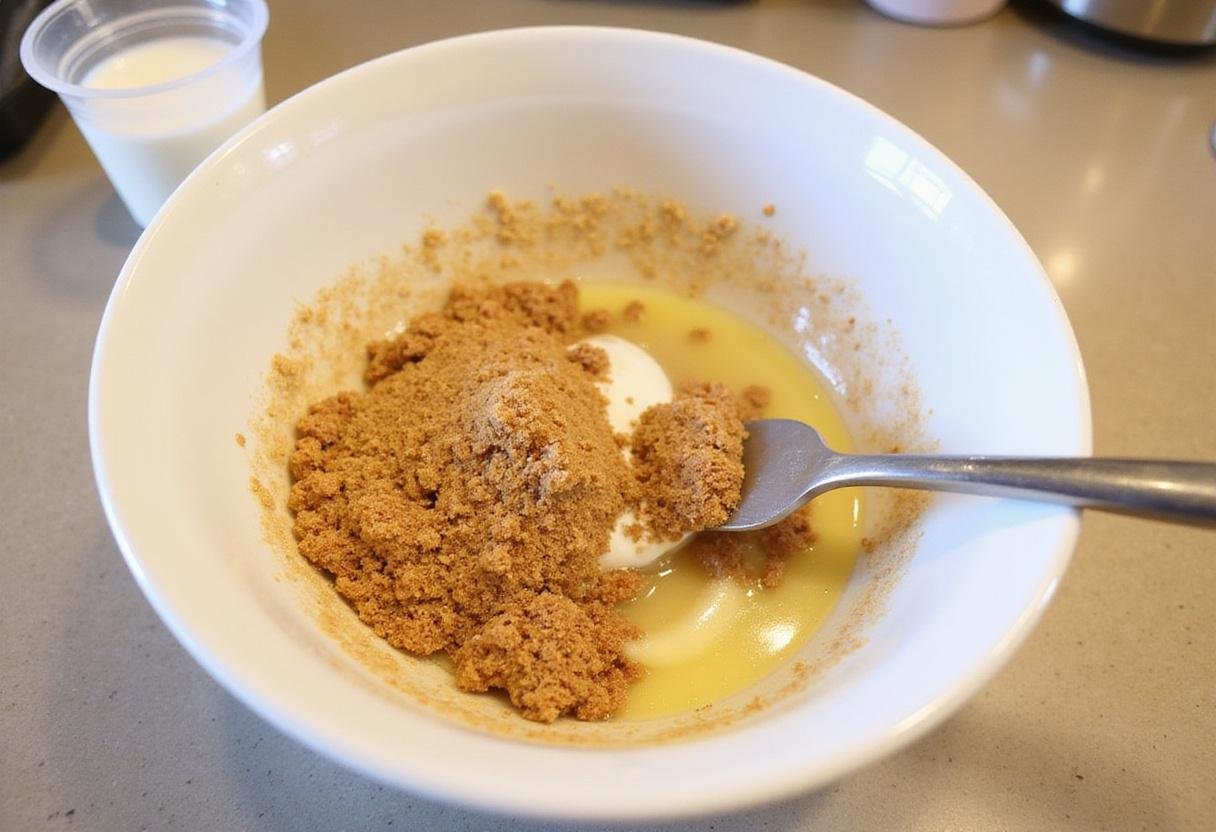 Ingredients for Hufflepuff Butterbeer Cheesecake Bars crust including crushed graham crackers, butter, and brown sugar in a white bowl.