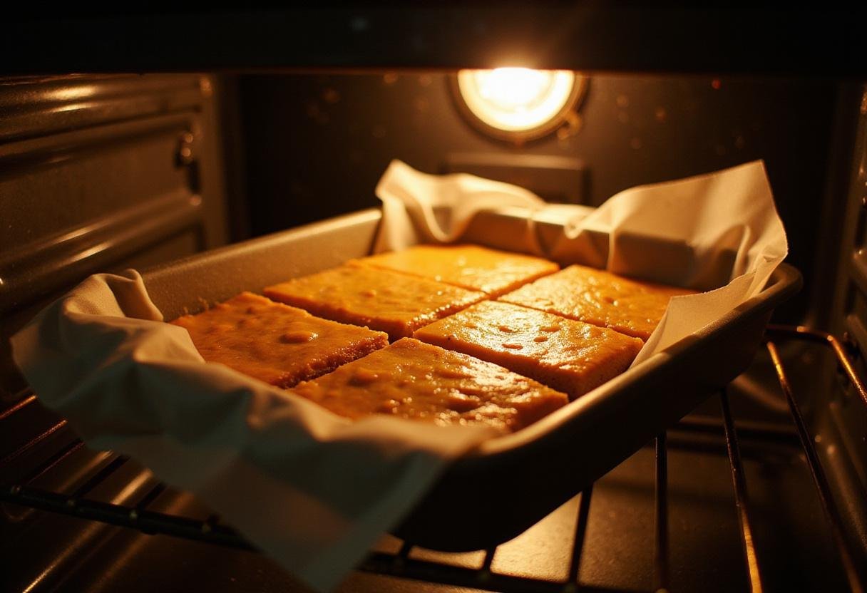 Hufflepuff Butterbeer Cheesecake Bars baking in an oven, showcasing their golden top and delicious aroma of butterscotch.