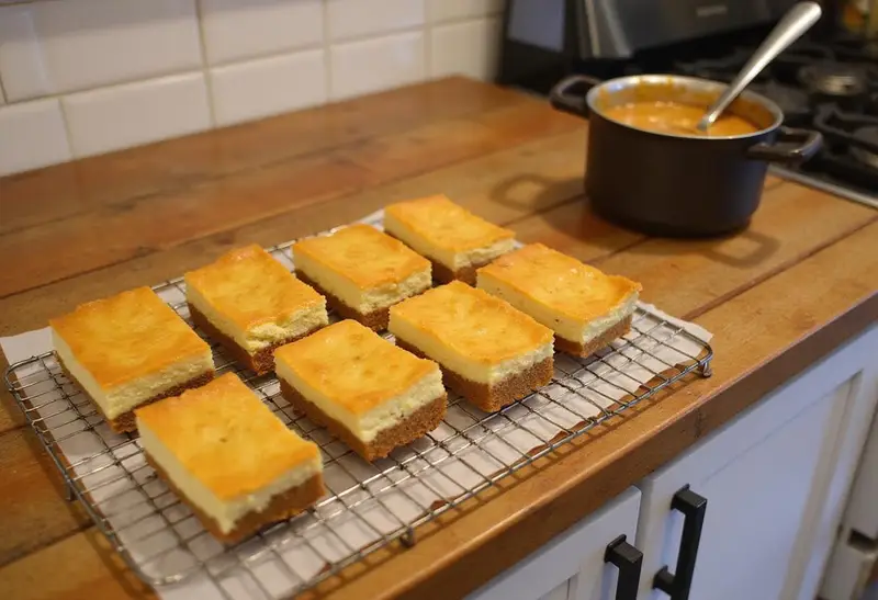 Hufflepuff Butterbeer Cheesecake Bars cooling on a wire rack with a saucepan of butterscotch sauce on a colorful kitchen counter.