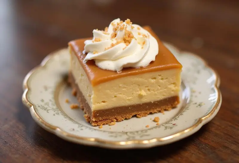Delicious Hufflepuff Caramel Butterbeer Cheesecake Bars with a Buttery Shortbread Crust, ready to be enjoyed, showcasing the delightful creamy texture and caramel topping.