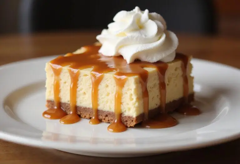 The final presentation of Hufflepuff Caramel Butterbeer Cheesecake Bars with a Buttery Shortbread Crust, highlighting the delicious layered dessert with caramel drizzle.