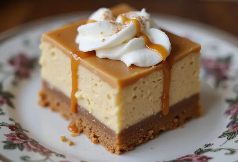 The final presentation of Hufflepuff Caramel Butterbeer Cheesecake Bars with a Buttery Shortbread Crust, highlighting the delicious layered dessert with caramel drizzle.