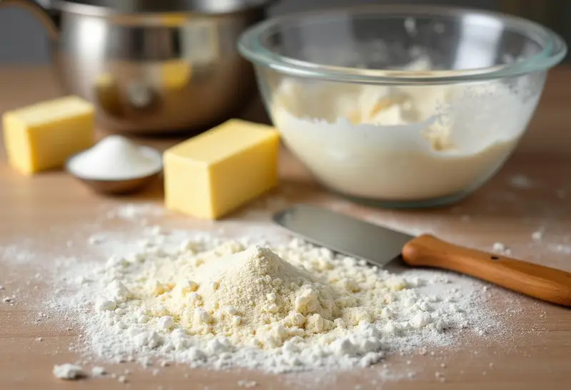 Ingredients for Hufflepuff Caramel Butterbeer Cheesecake Bars with a Buttery Shortbread Crust on a kitchen counter, featuring flour, sugar, and butter for the crust.