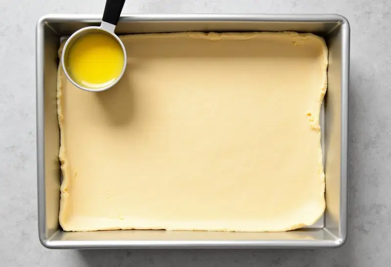 Preparing the buttery shortbread crust for Hufflepuff Caramel Butterbeer Cheesecake Bars by pressing it into a baking pan, illustrating the recipe's foundation.