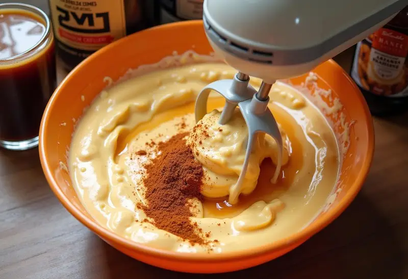 Mixing the creamy layer for Hufflepuff Caramel Butterbeer Cheesecake Bars, featuring cream cheese, caramel sauce, and spices, emphasizing the tasty filling.