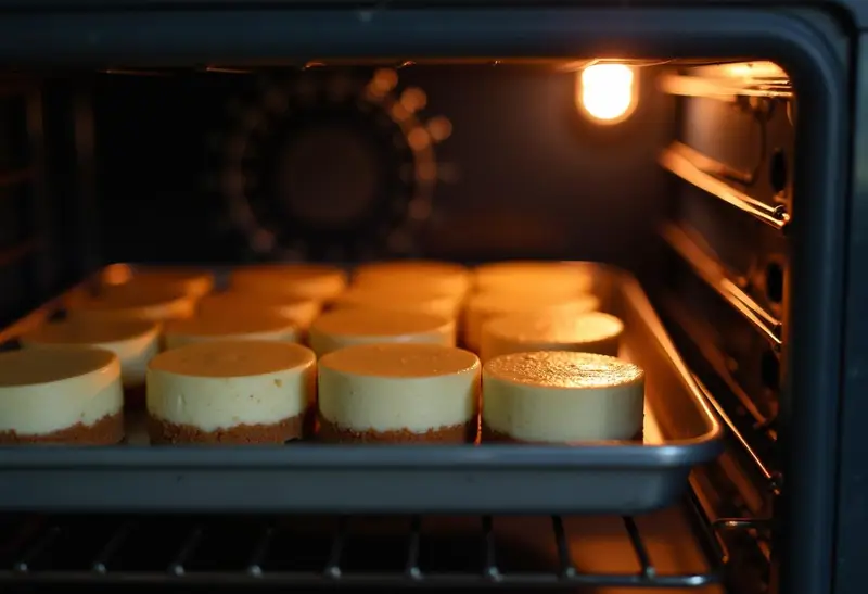 Baking the Hufflepuff Caramel Butterbeer Cheesecake Bars in the oven, capturing the essence of making delicious dessert bars with a buttery crust.