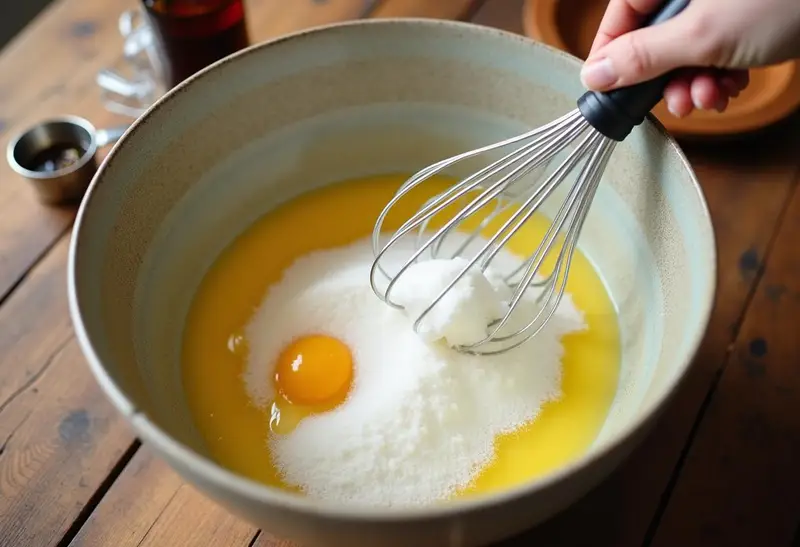 Melted butter and sugar being whisked for Hufflepuff Golden Butterbeer Crunch Bars preparation, creating a sweet mixture.