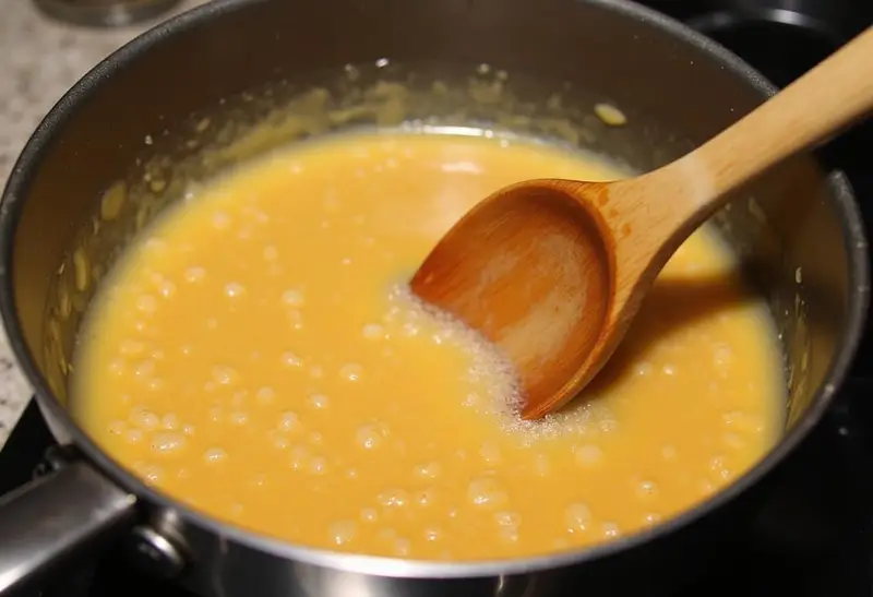 Creating a creamy butterscotch mixture for Hufflepuff Golden Butterbeer Crunch Bars in a bubbling saucepan, essential for flavor.