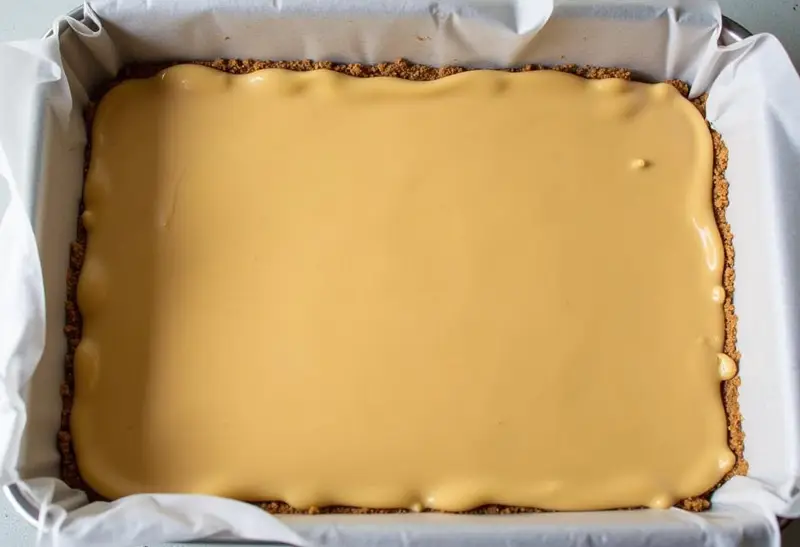 Layered preparation for Hufflepuff Golden Butterbeer Crunch Bars in a baking pan, featuring a graham cracker base and butterscotch topping.