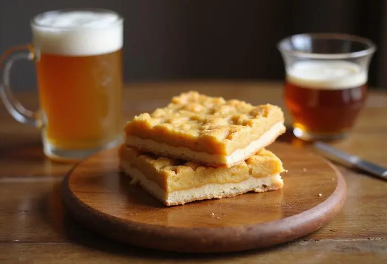 Final presentation of Hufflepuff Honeycomb Butterbeer Crunch Bars with butterbeer drink for delightful treat.