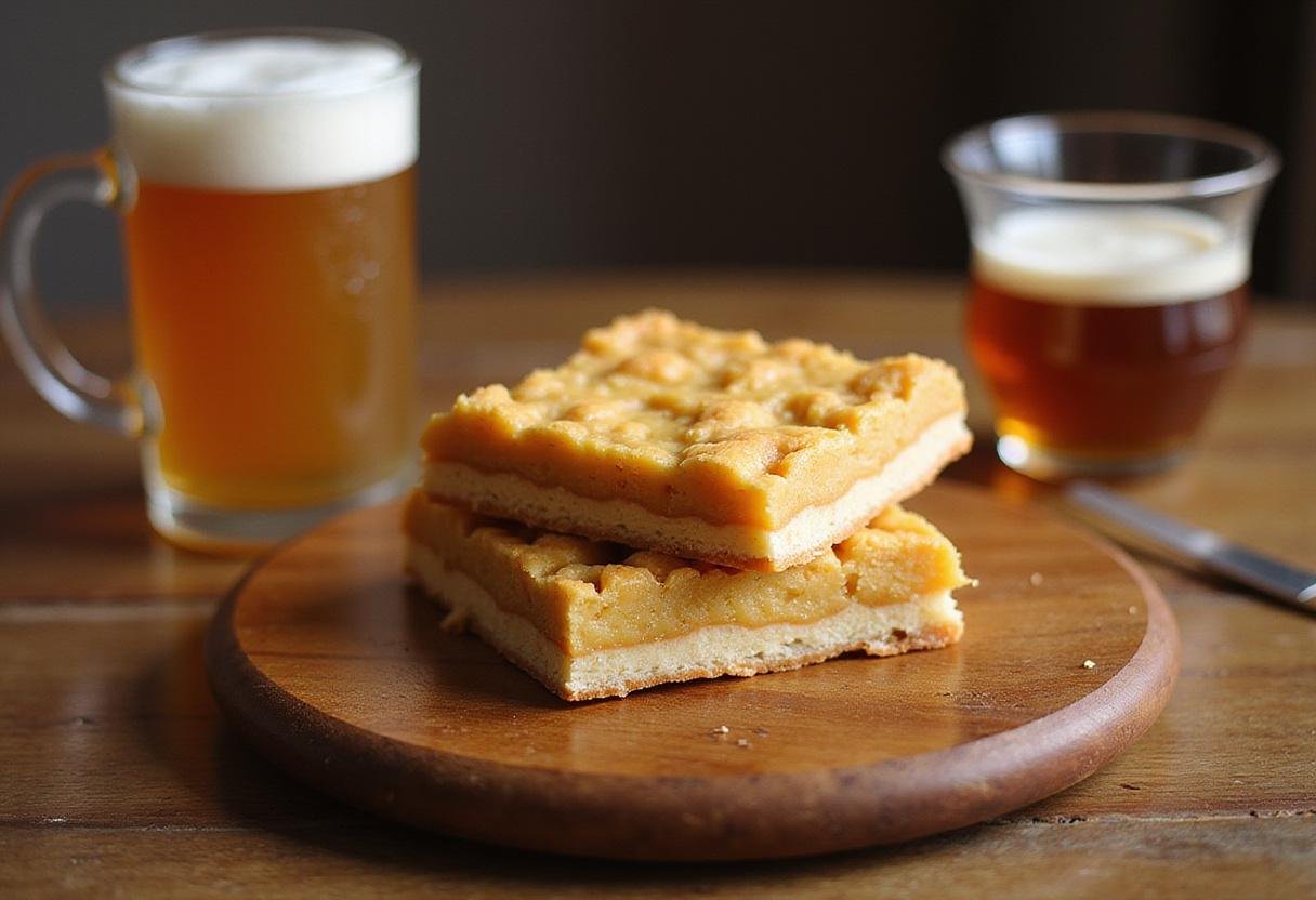 Final presentation of Hufflepuff Honeycomb Butterbeer Crunch Bars with butterbeer drink for delightful treat.