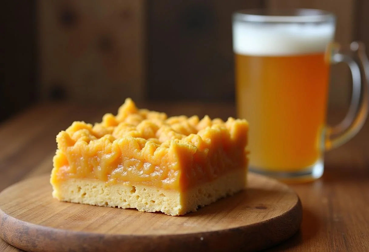 Final presentation of Hufflepuff Honeycomb Butterbeer Crunch Bars with butterbeer drink for delightful treat.