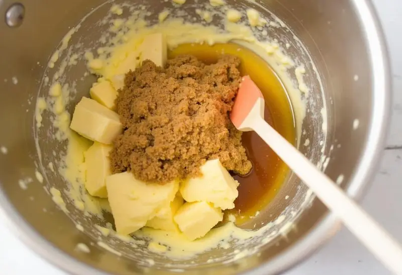 Mixing butter and brown sugar for Hufflepuff Honeycomb Butterbeer Crunch Bars preparation.