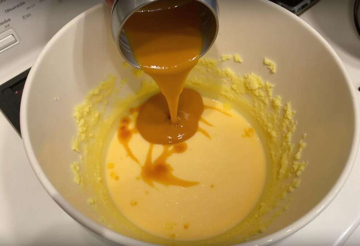 Combining melted honeycomb mixture with butter and sugar for crunch bars.