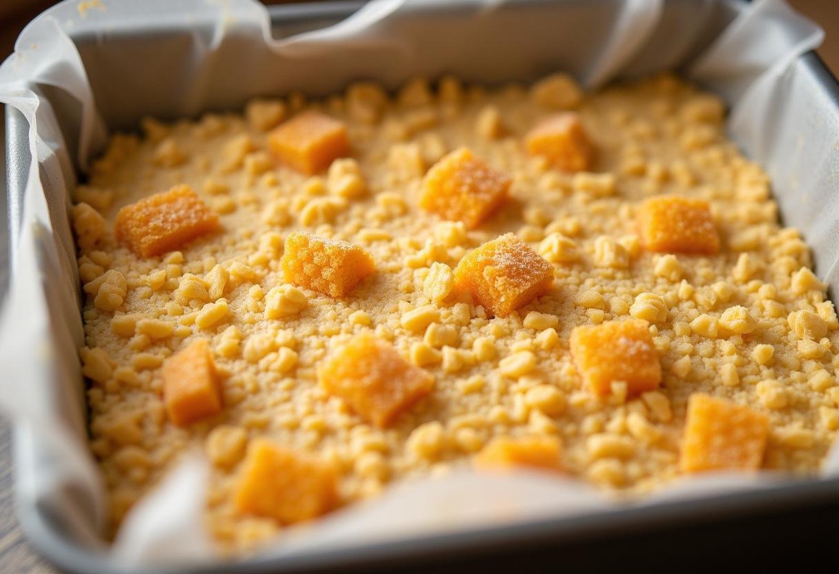 Preparing Hufflepuff Honeycomb Butterbeer Crunch Bars in a baking dish with honeycomb sprinkles.