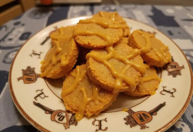Delicious Hufflepuff Honeycomb Butterbeer Treats presented on a decorative plate, showcasing their golden-brown color and drizzled with butterscotch.