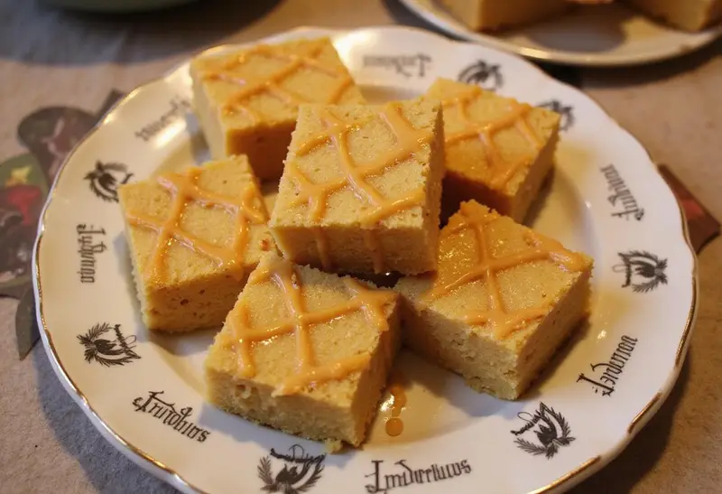Delicious Hufflepuff Honeycomb Butterbeer Treats presented on a decorative plate, showcasing their golden-brown color and drizzled with butterscotch.