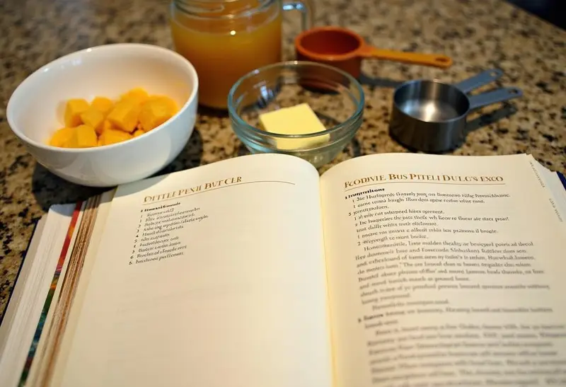 Ingredients for Hufflepuff Honeycomb Butterbeer Treats laid out: honeycomb, butter, butterscotch, and measuring tools on a kitchen counter.