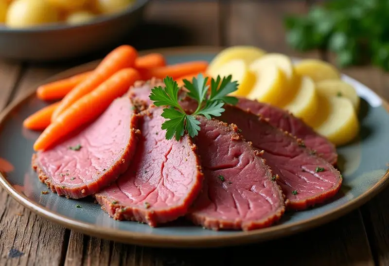 Plated instant pot corned beef with carrots and potatoes, showcasing a delicious and beautifully garnished meal.