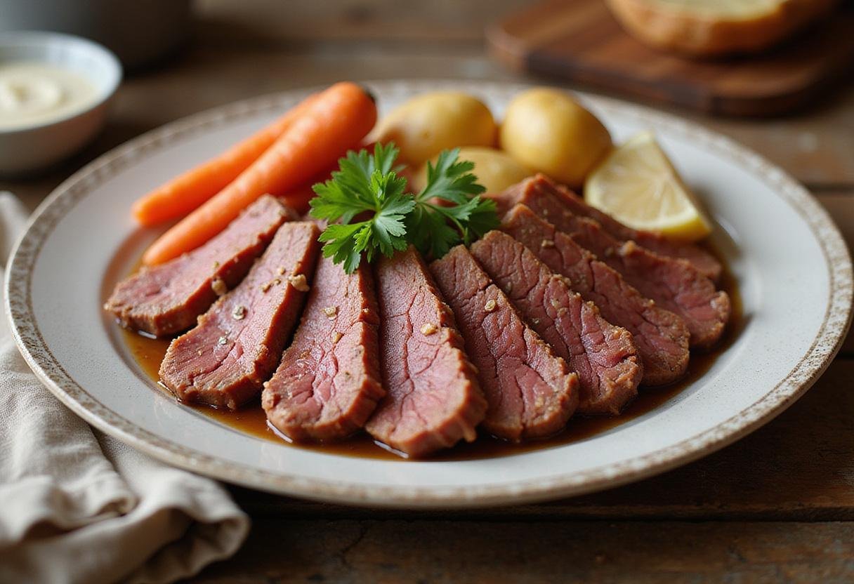Plated instant pot corned beef with carrots and potatoes, showcasing a delicious and beautifully garnished meal.