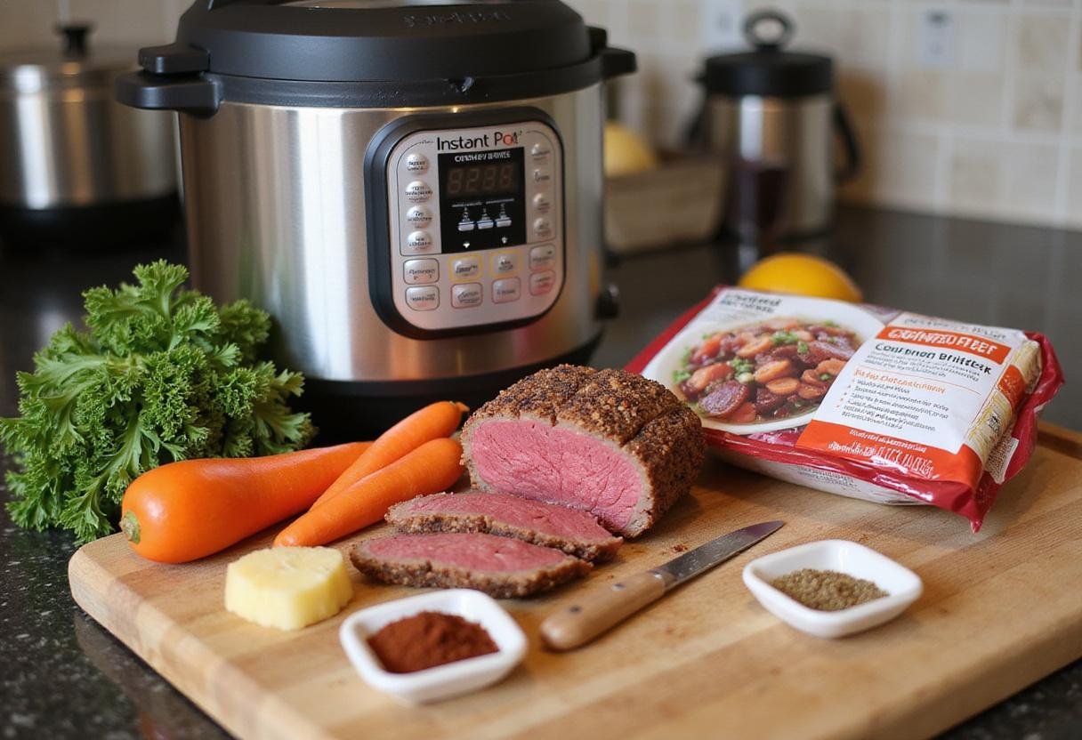 Preparing ingredients for instant pot corned beef with spices and vegetables on a kitchen counter.