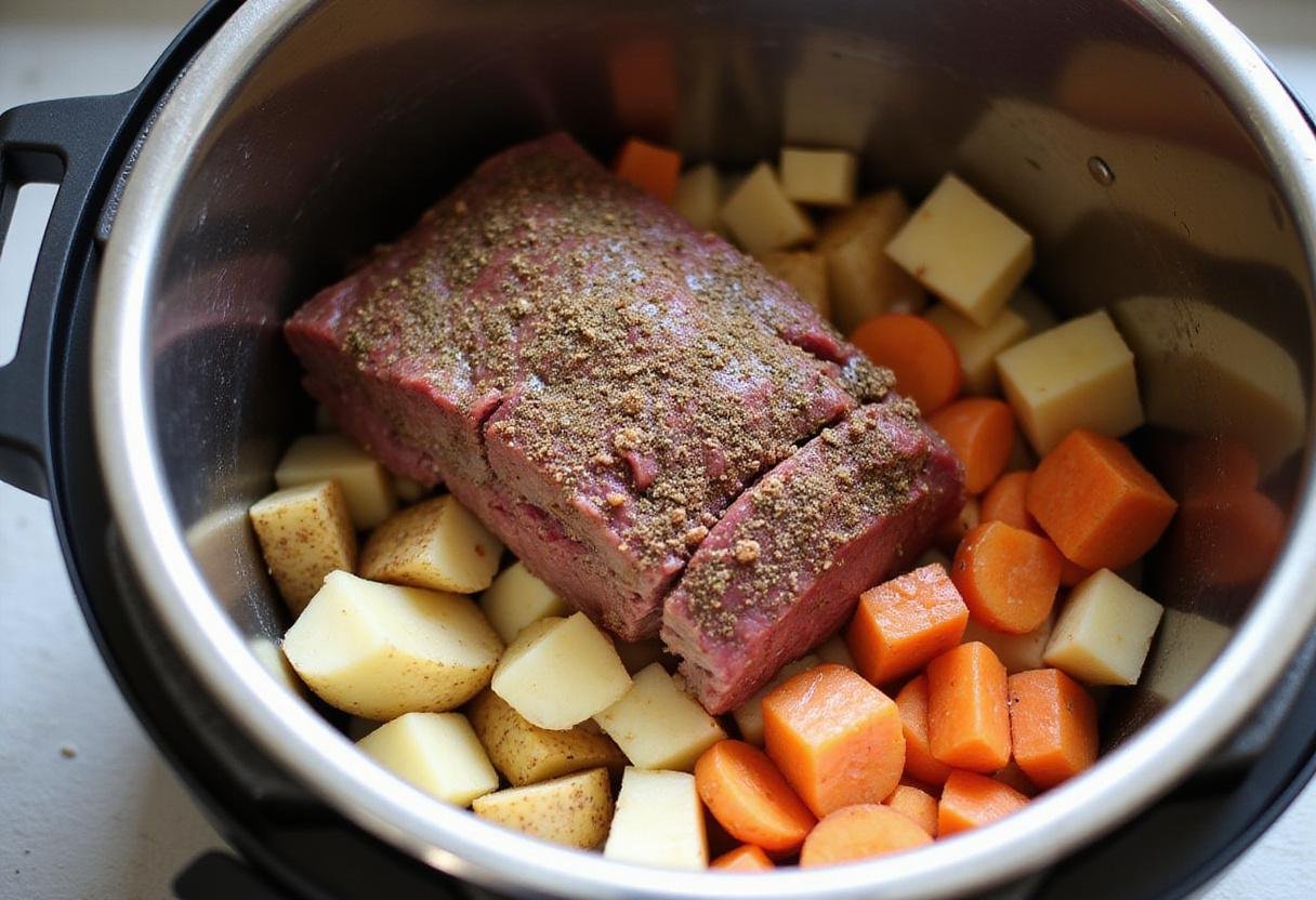 Instant Pot with seasoned corned beef, carrots, and potatoes loaded, showcasing preparation for delicious corned beef.