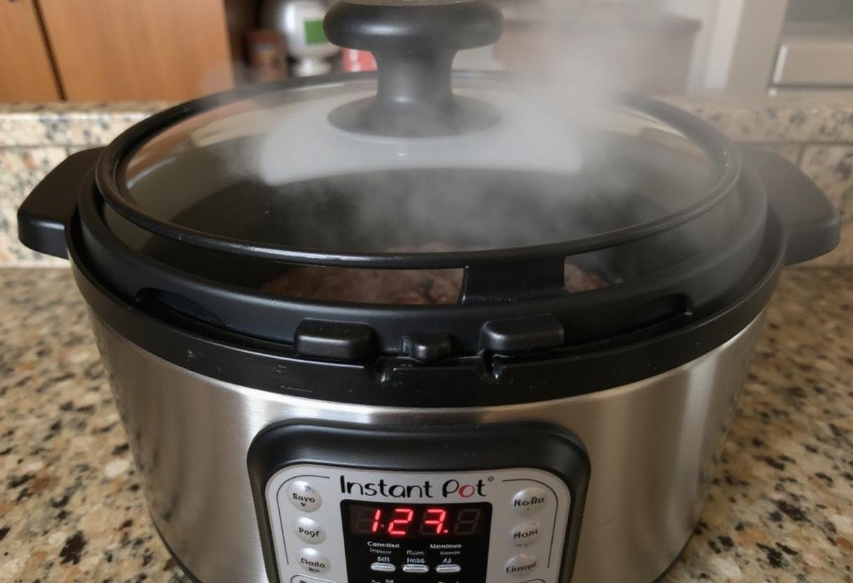 Instant Pot cooking corned beef with a timer visible, capturing the cooking process for tender and flavorful beef.