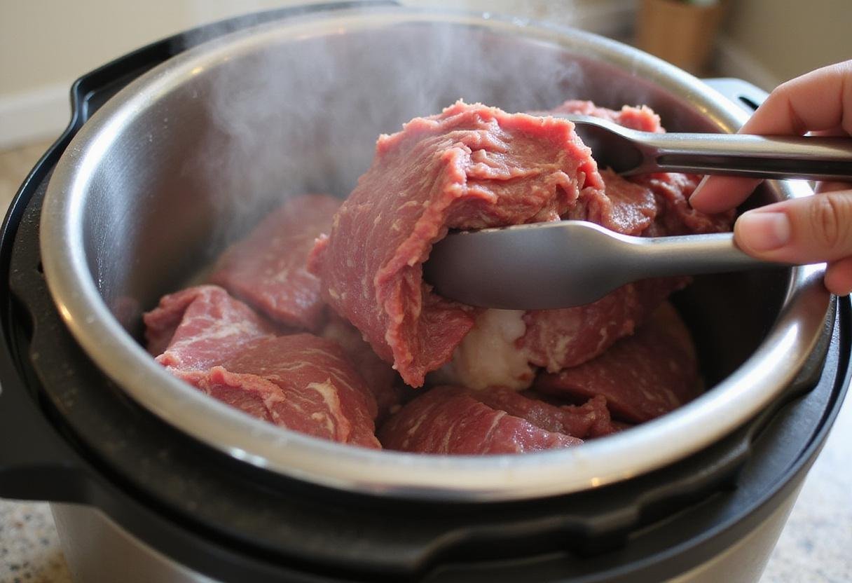 Revealing tender corned beef removed from Instant Pot, showcasing the delicious cooking results and inviting aroma.