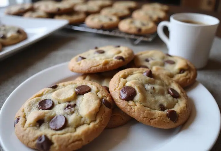 Freshly baked Jacques Torres chocolate chip cookies on a cooling rack with a cup of coffee.