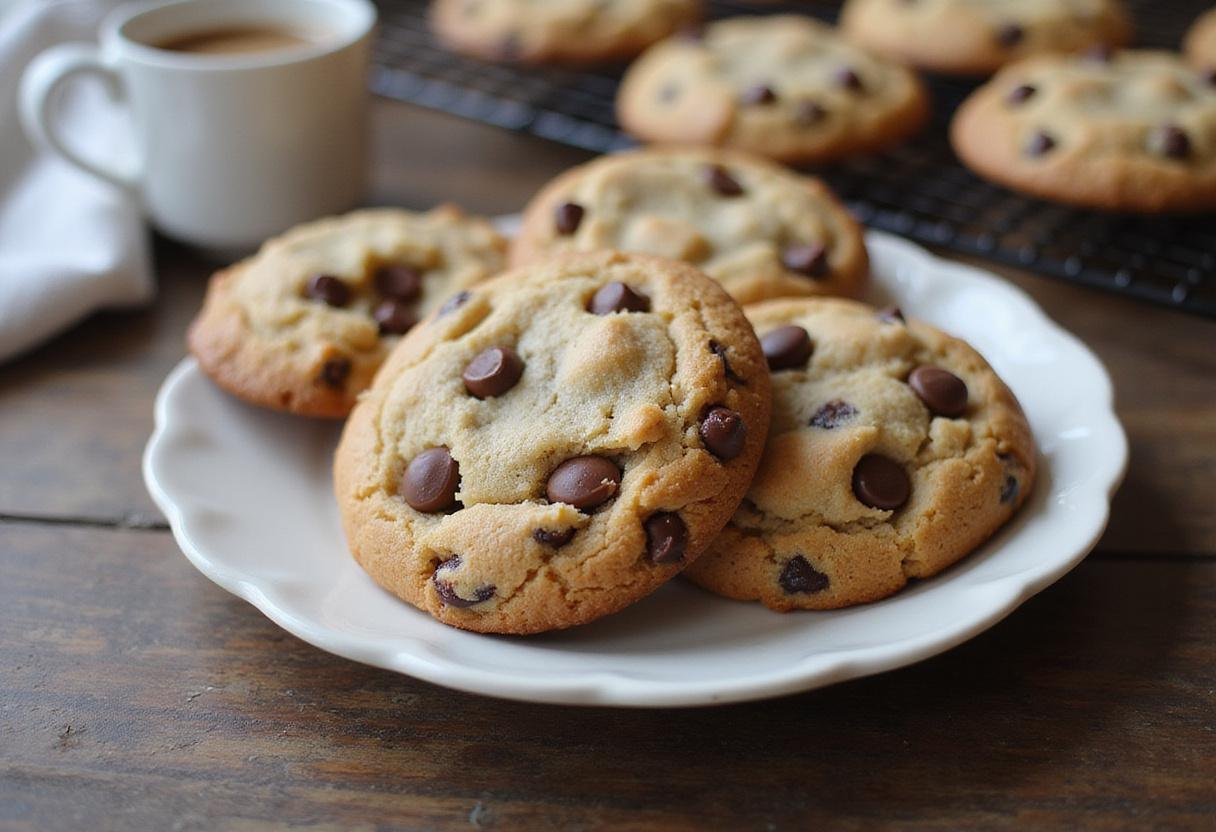 Freshly baked Jacques Torres chocolate chip cookies on a cooling rack with a cup of coffee.