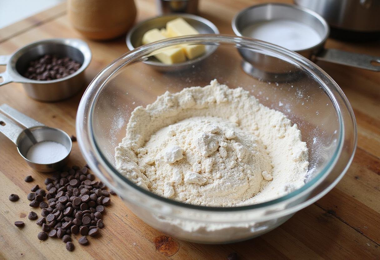 Ingredients for Jacques Torres chocolate chip cookies on a wooden countertop with flour, baking soda, and chocolate chips.