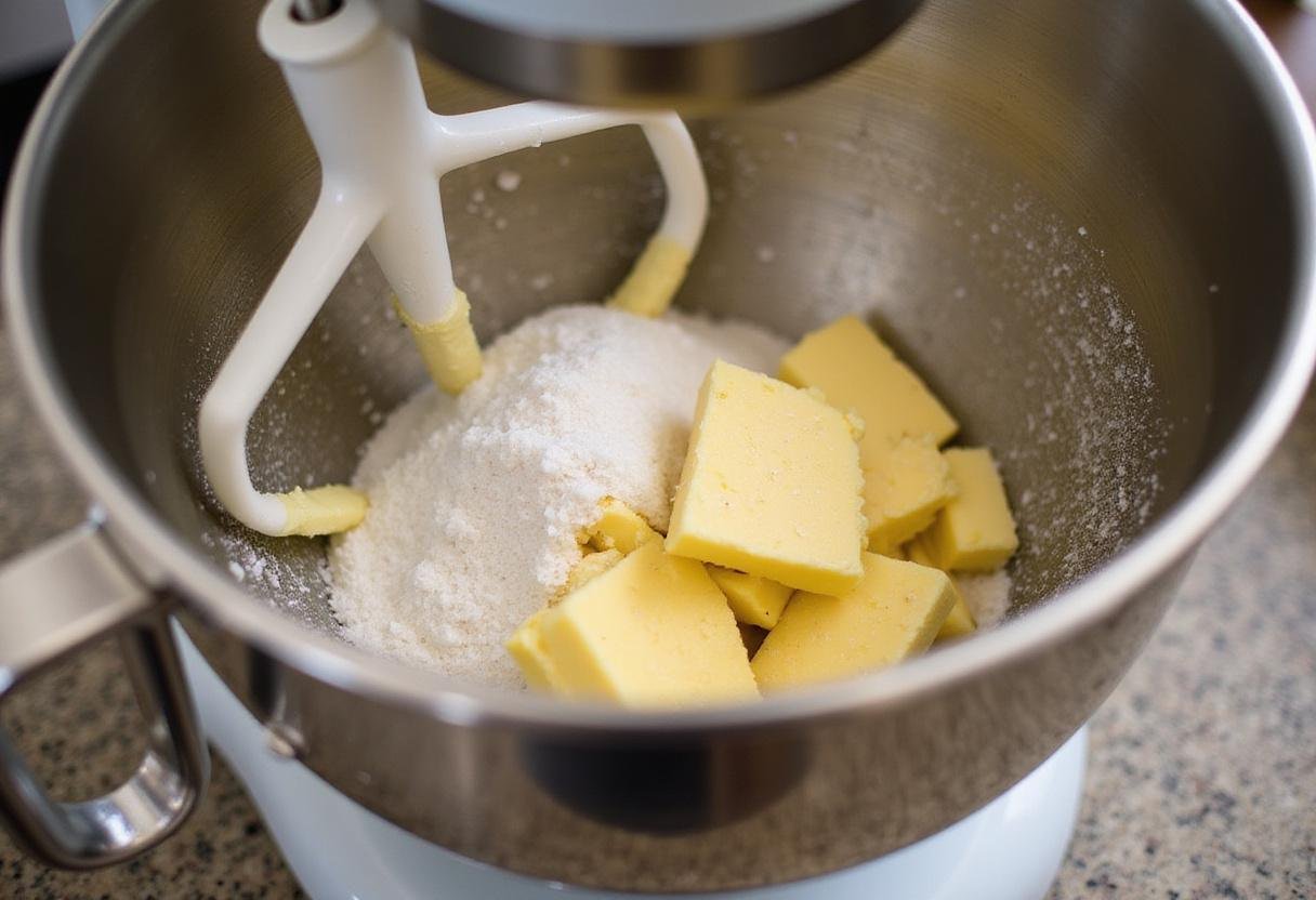 Mixing ingredients for Jacques Torres chocolate chip cookies in a stand mixer with butter and sugars.