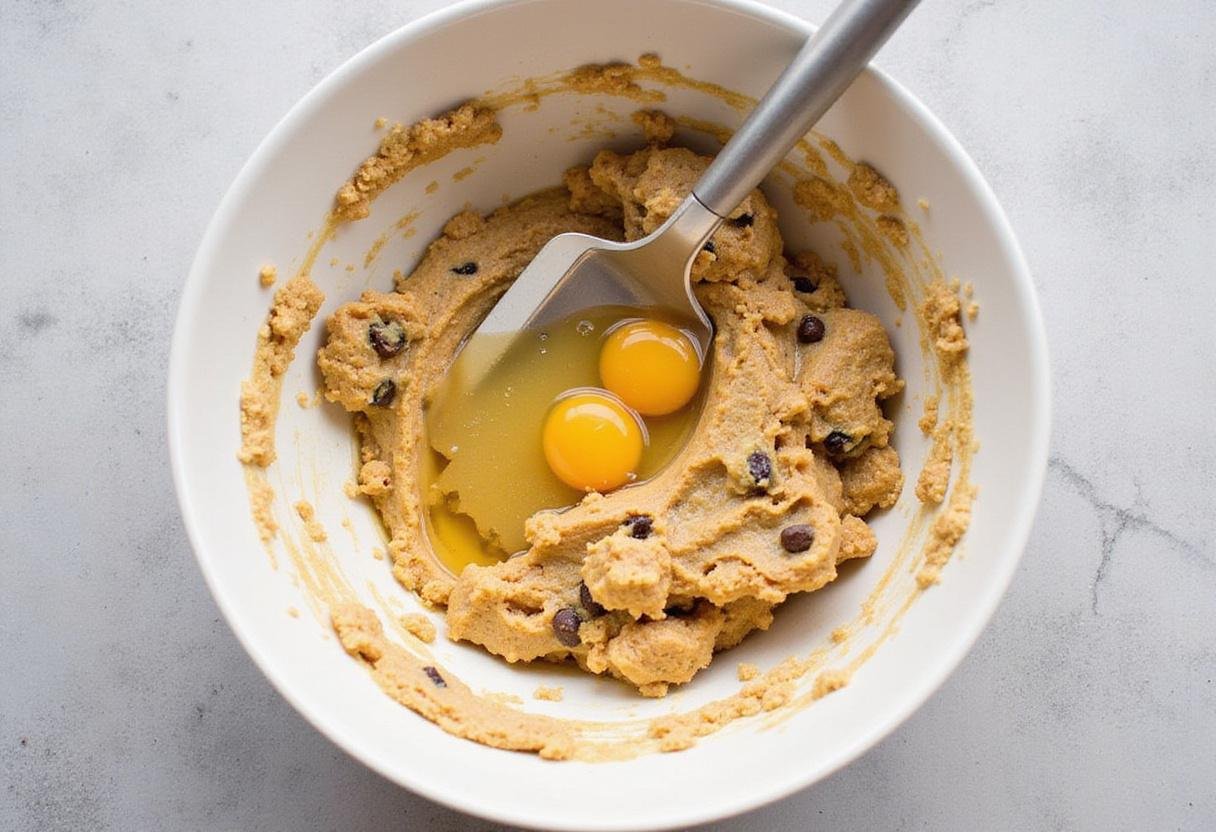 Cookie dough prepared with eggs and vanilla extract for Jacques Torres chocolate chip cookies in a mixing bowl.