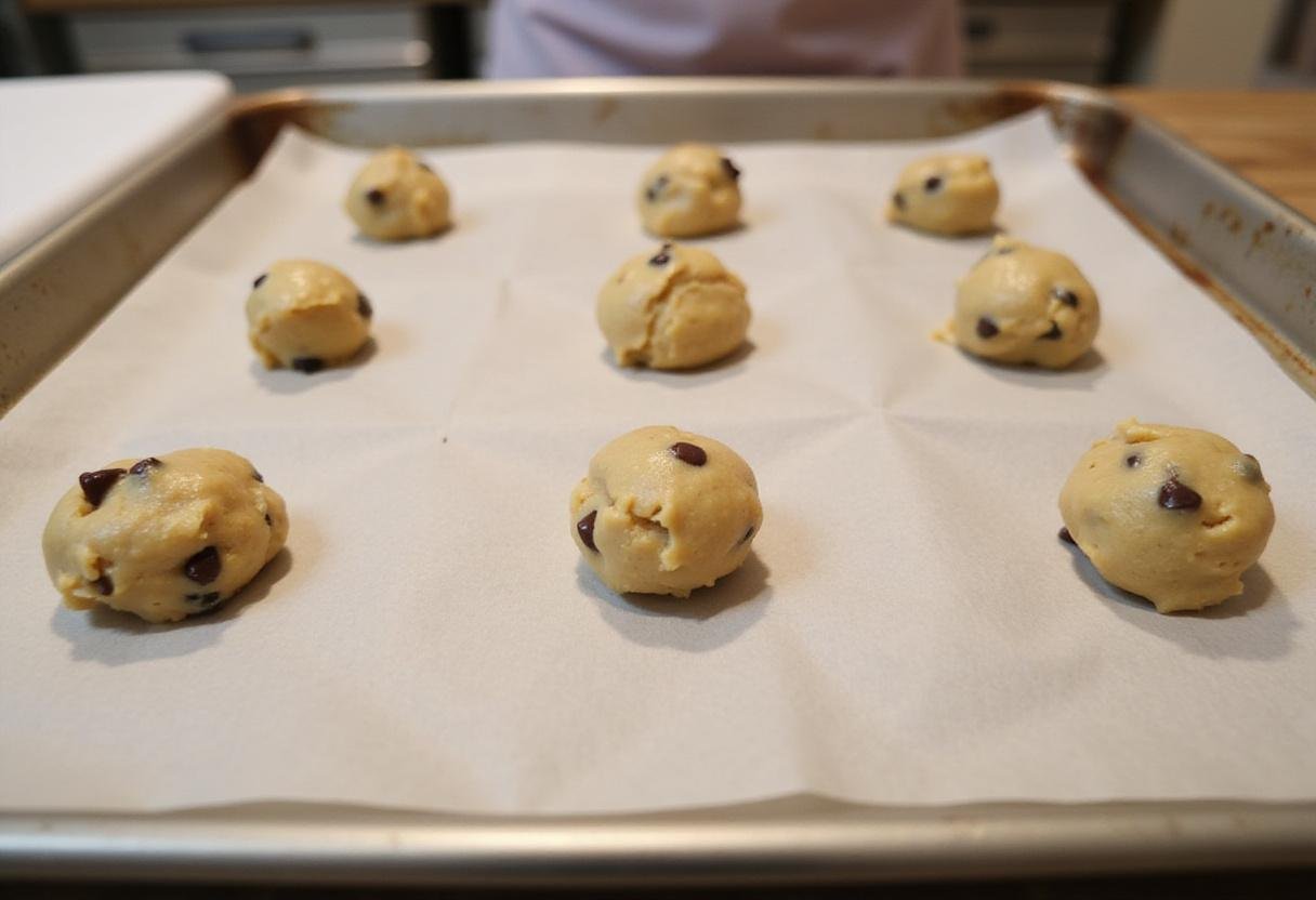 Tray with cookie dough balls ready for baking Jacques Torres chocolate chip cookies.
