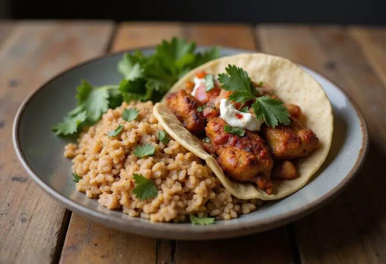 Final presentation of jerk chicken tacos and rice bowl, showcasing vibrant colors and appetizing flavors.