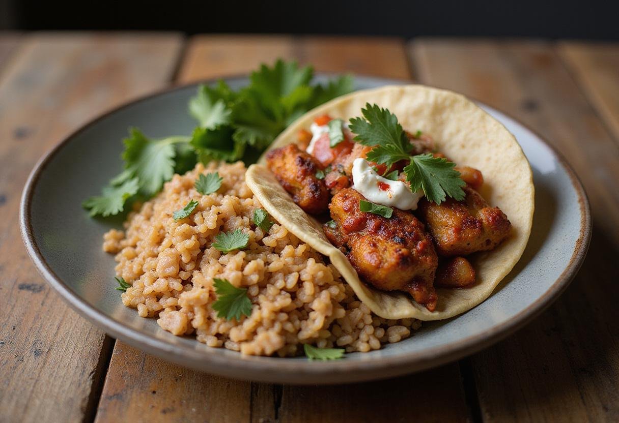 Final presentation of jerk chicken tacos and rice bowl, showcasing vibrant colors and appetizing flavors.