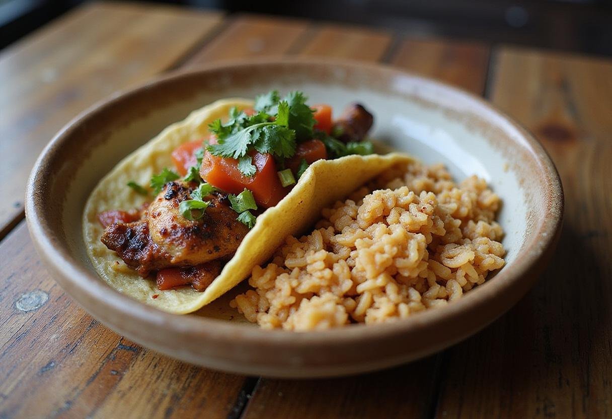 Final presentation of jerk chicken tacos and rice bowl, showcasing vibrant colors and appetizing flavors.
