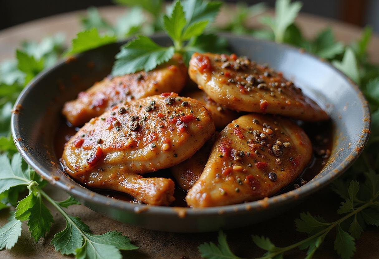 Jerk chicken marinade ingredients and marinated chicken pieces for delicious jerk chicken tacos.