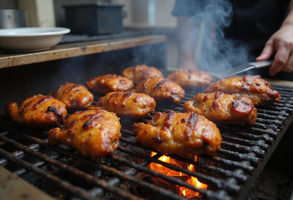 Grilling jerk chicken for tasty jerk chicken tacos, capturing the smoky aroma and charred flavors.