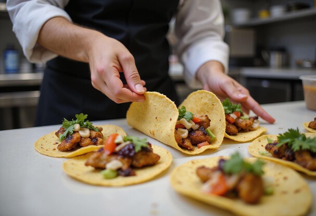 Assembling jerk chicken tacos with fresh toppings and flavorful ingredients for a delicious meal.