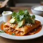 Delicious Joanna Gaines chicken enchiladas served on a plate with garnishes, showcasing its colorful and appetizing presentation.